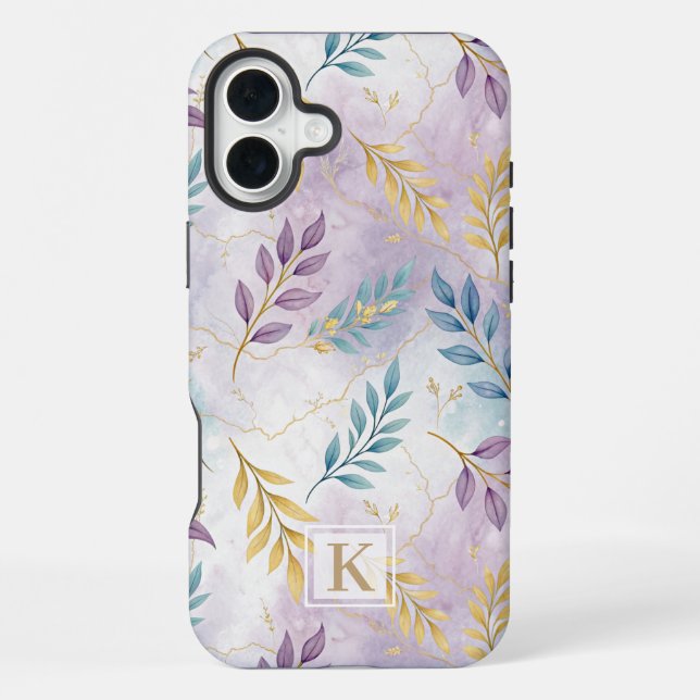 Elegant Gold Botanical Marble Mongram iPhone Hülle (Rückseite)