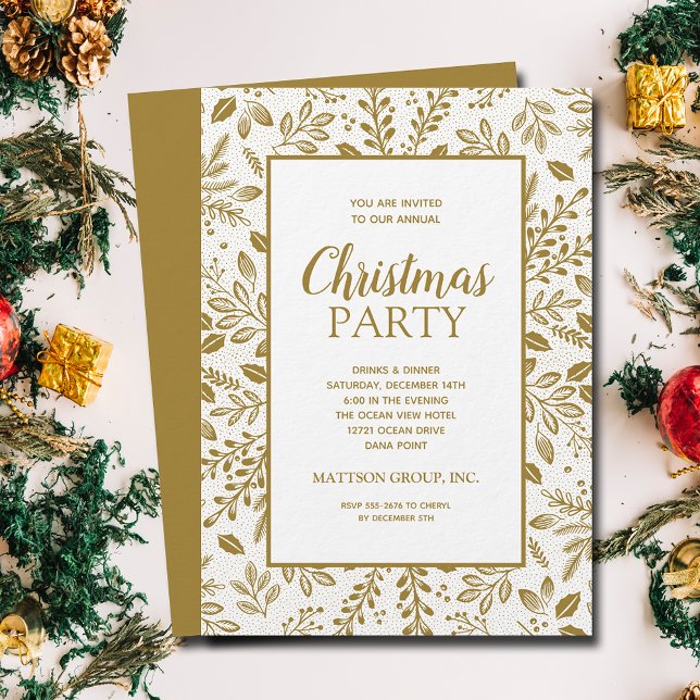 Elegant Gold Botanicals Christmas Party Einladung (Elegant gold (non-metallic) botanicals Christmas party invitations, PRINTED and/or INSTANT DOWNLOAD)