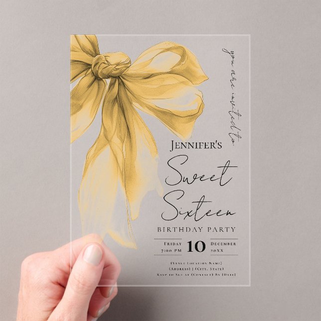 Elegant Gold Bow Coquette Script Sweet 16 Party Acryleinladungen (Insitu (Handheld))