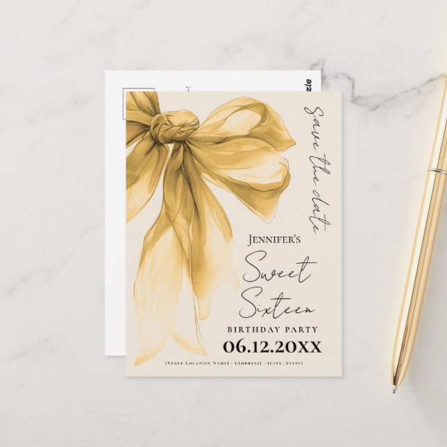 Elegant Gold Bow Coquette Sweet 16 Save the Date  Postkarte (Vorderseite/Rückseite Beispiel)