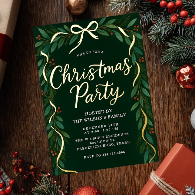 Elegant Gold Bow Greenery Christmas Party  Folieneinladung (Von Creator hochgeladen)