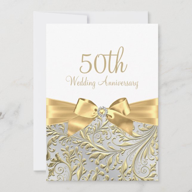Elegant Gold Bow Leaf White 50 Jahre Jubiläum Einladung (Vorderseite)