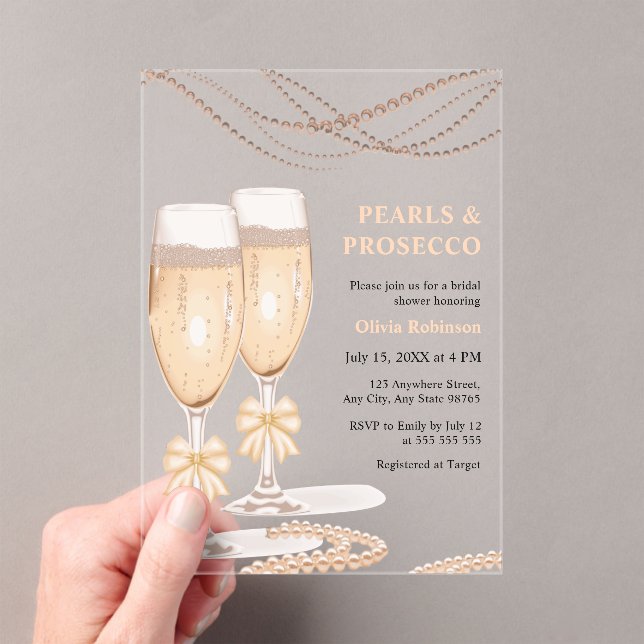 Elegant Gold Bow Pearls and Prosecco Bridal Shower Acryleinladungen (Insitu (Handheld))