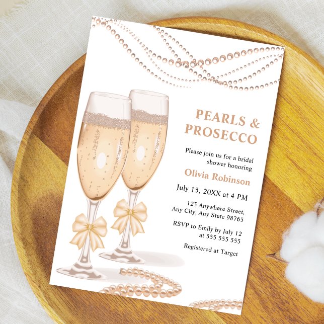 Elegant Gold Bow Pearls and Prosecco Bridal Shower Einladung (Elegant Gold Bow Pearls and Prosecco Bridal Shower Invitation    )
