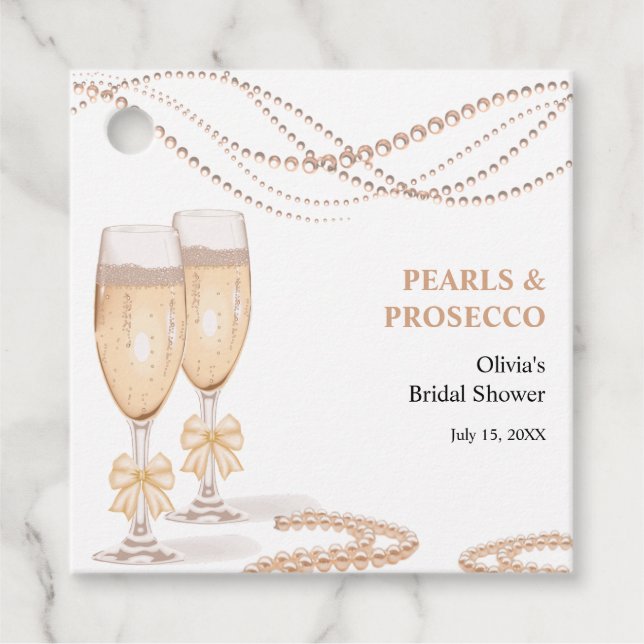 Elegant Gold Bow Pearls and Prosecco Bridal Shower Geschenkanhänger (Vorderseite)