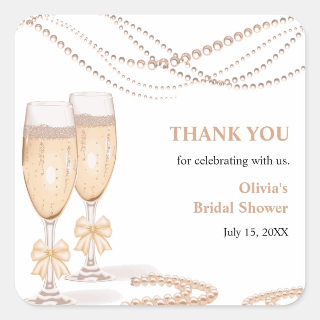 Elegant Gold Bow Pearls and Prosecco Bridal Shower Quadratischer Aufkleber (Vorderseite)