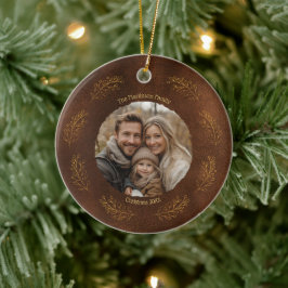 Elegant Gold Branches Family Photo Christmas Brown Keramik Ornament
