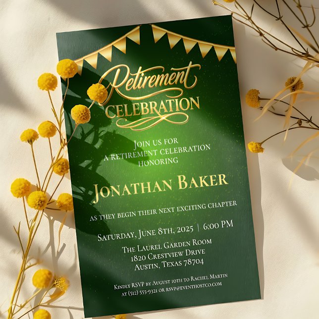 Elegant Gold Bunting Green Retirement Celebration  Einladung (Elegant Gold Bunting Green Retirement Celebration Invitation)