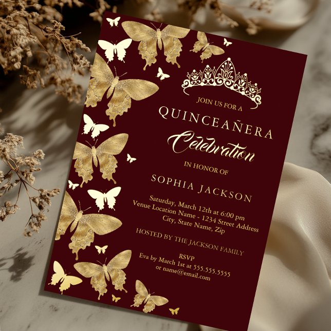 Elegant Gold Burgundy Butterfly Quinceanera Folieneinladung (Von Creator hochgeladen)