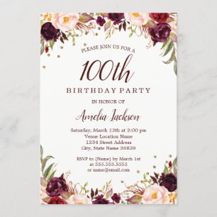 Elegant Gold Burgundy Floral 100. Geburtstagsparty Einladung