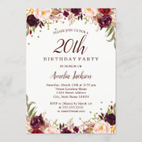 Elegant Gold Burgundy Floral 20. Geburtstagsparty