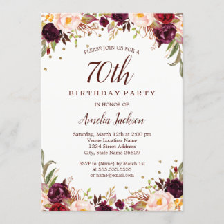 Elegant Gold Burgundy Floral 70. Geburtstagsparty Einladung