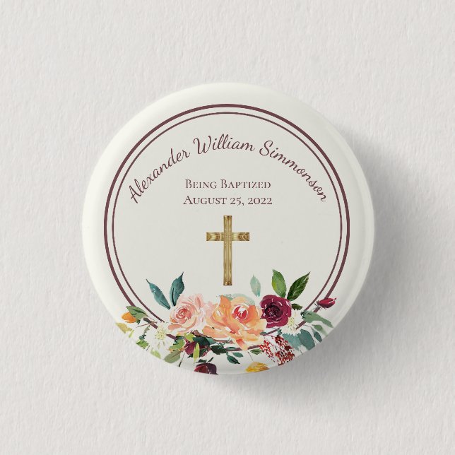Elegant Gold Burgundy Floral Baby Christening Button (Vorderseite)