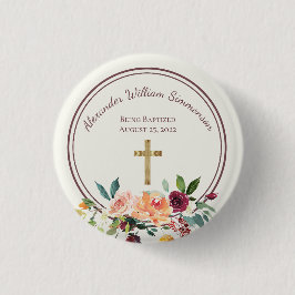 Elegant Gold Burgundy Floral Baby Christening Button