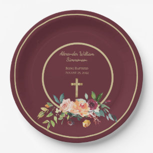 Elegant Gold Burgundy Floral Baby Christening Pappteller