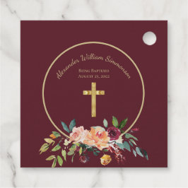 Elegant Gold Burgundy Floral Baby Christening Real Geschenkanhänger
