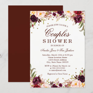 Elegant Gold Burgundy Floral Couples Dusche Einladung