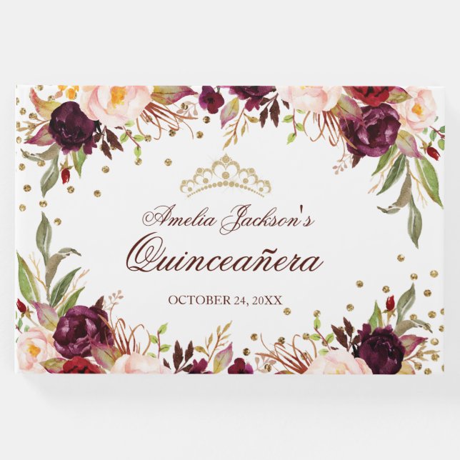 Elegant Gold Burgundy Floral Quinceanera Gästebuch (Vorderseite)