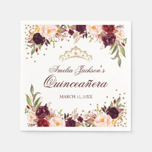 Elegant Gold Burgundy Floral Quinceanera Napkin Serviette