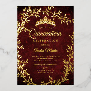 Elegant Gold Burgundy Leaf Wreath Quinceanera Folieneinladung