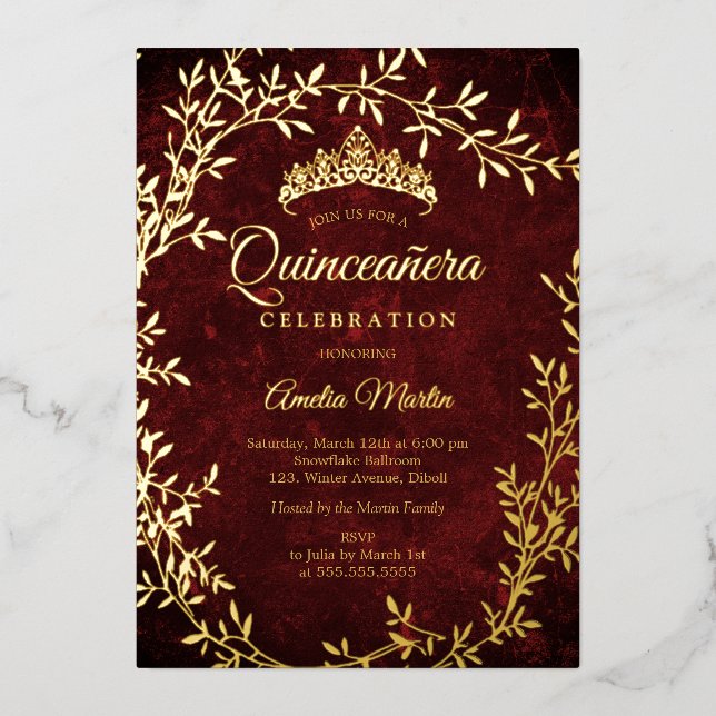Elegant Gold Burgundy Leaf Wreath Quinceanera Folieneinladung (Vorderseite)