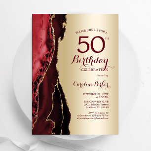 Elegant Gold Burgundy Red Agate 50. Geburtstag Einladung