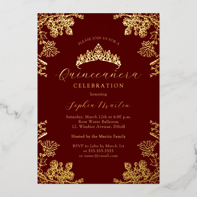 Elegant Gold Burgundy Vintag Quinceanera Folieneinladung (Vorderseite)