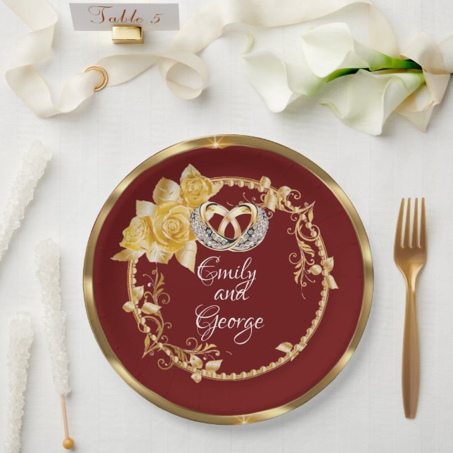 Elegant Gold Burgundy Wedding Personalisiert Pappteller (Hochzeit)