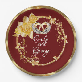 Elegant Gold Burgundy Wedding Personalisiert Pappteller