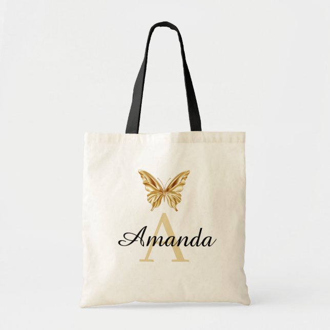Elegant Gold Butterfly Name Monogrammiert Tragetasche (Vorne)