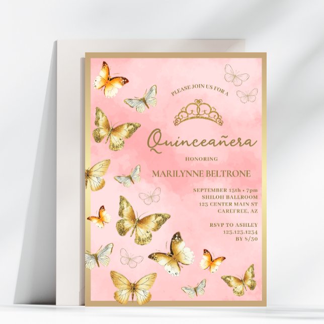 Elegant Gold Butterfly Pink Quinceañera Einladung (Von Creator hochgeladen)