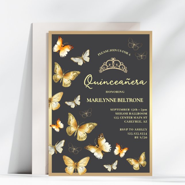 Elegant Gold Butterfly Tiara Quinceañera Einladung (Von Creator hochgeladen)