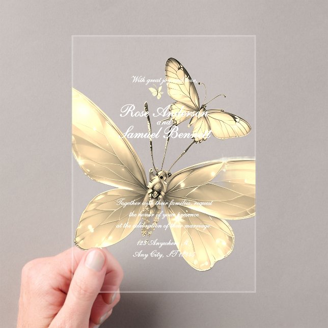 Elegant Gold Butterfly Wedding Akryllische Einladu Acryleinladungen (Insitu (Handheld))
