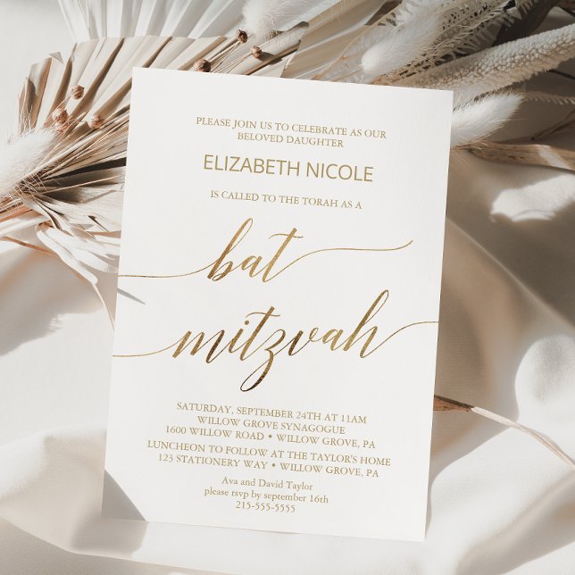 Elegant Gold Calligraphy Bat Mitzvah Einladung (Von Creator hochgeladen)