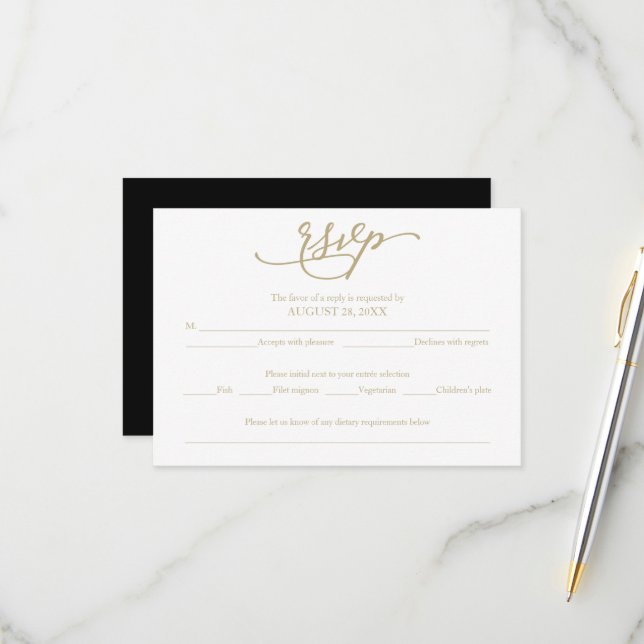 Elegant Gold Calligraphy Black Wedding RSVP (Vorderseite/Rückseite Beispiel)