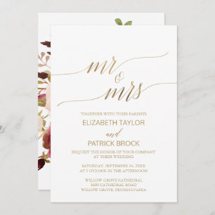Elegant Gold Calligraphy Floral Mr & Mrs. Wedding Einladung