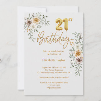 Elegant Gold Calligraphy & Florals 21. Geburtstag Einladung
