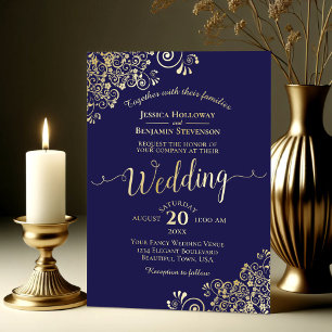 Elegant Gold Calligraphy Navy Blue Frilly Wedding Folieneinladung