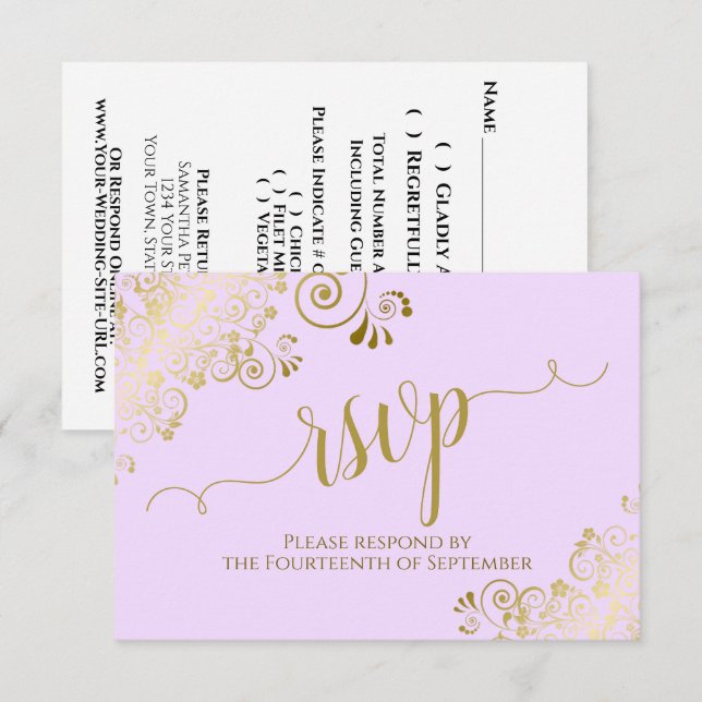 Elegant Gold Calligraphy on Lilac Purple Wedding RSVP Karte (Vorne/Hinten)