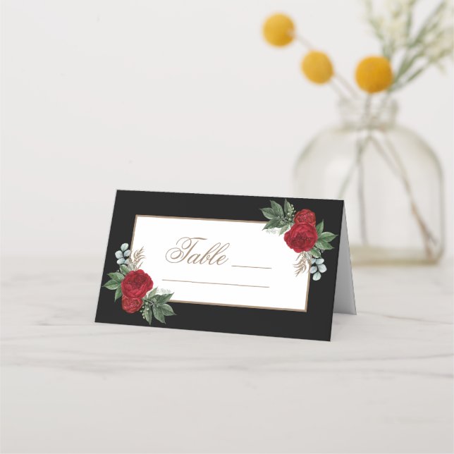 Elegant Gold Calligraphy Red Floral Platzkarte (Vorderseite)
