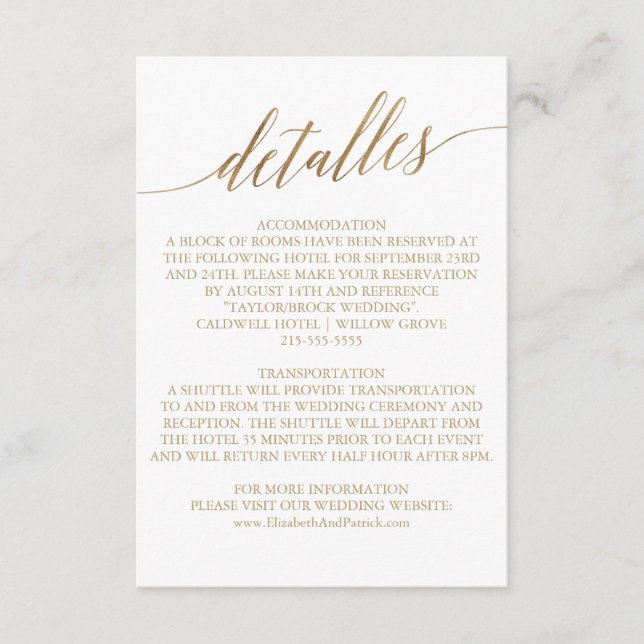 Elegant Gold Calligraphy Wedding Spanish Detalles Begleitkarte (Vorderseite)