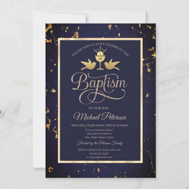 Elegant Gold Chalice Navy Blue Baptisse Einladung (Vorderseite)
