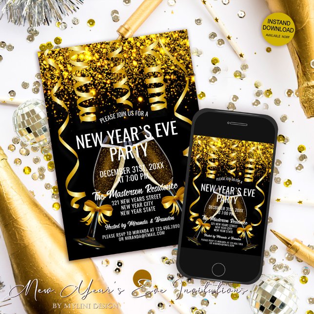 Elegant Gold Champagner Brillen Silvester Einladung (Von Creator hochgeladen)