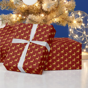Elegant Gold Christmas Deer auf Red Dot Geschenkpapier