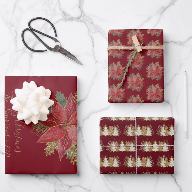 Elegant Gold Christmas Trees Red Poinsettia Floral Geschenkpapier Set (Vorderseite)