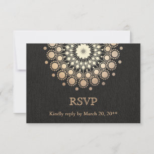 Elegant Gold Circle Motif Black Linen Look RSVP Karte