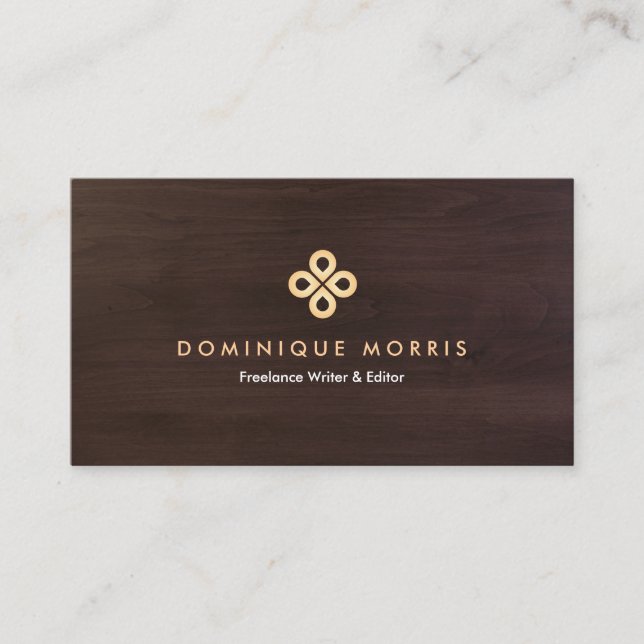 ELEGANT GOLD CLOVER LOGO on DARK BROWN WOODGRAIN Visitenkarte (Vorderseite)