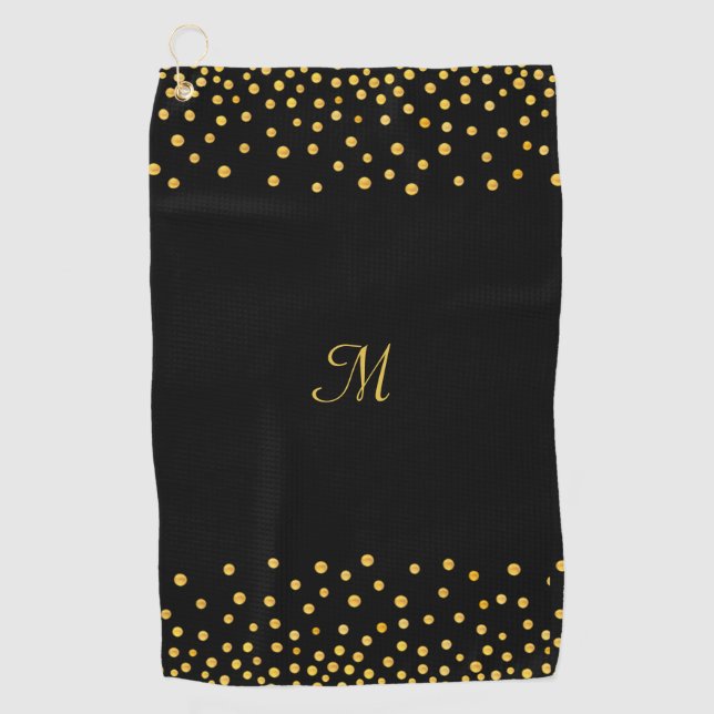 Elegant Gold Confetti auf dem Mit Monogramm Schwar Golfhandtuch (Vorderseite)