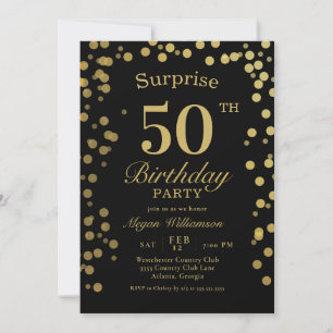 Elegant Gold Confetti Black Surprise 50. Geburtsta Einladung
