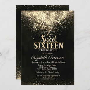 Elegant Gold Confetti, Black Sweet 16 Einladung